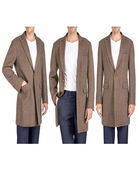 Herringbone Overcoat - Tweed Coat Three Quarter Mid Length Brown