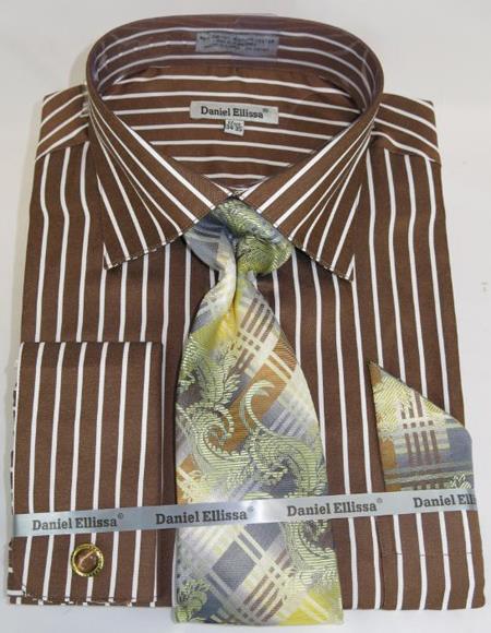 Mens Fashion Dress Shirts and Ties Brown PinStripe Colorful Men's Dress Shirt