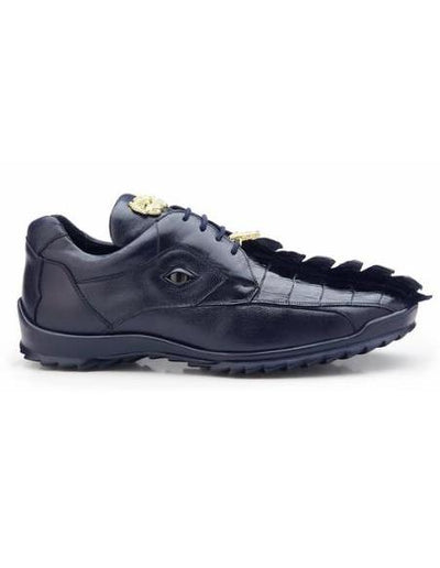 Men's Leather Lining Genuine Caiman Crocodilus and Soft Calf Night Blue