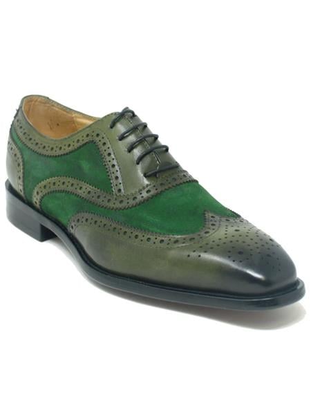 SKU#49591 Wingtip Shoe - Two Toned Shoe - Lace Up Shoes - Carrucci Shoes - Leather Shoes - Carrucci Brand Shoes + Olive