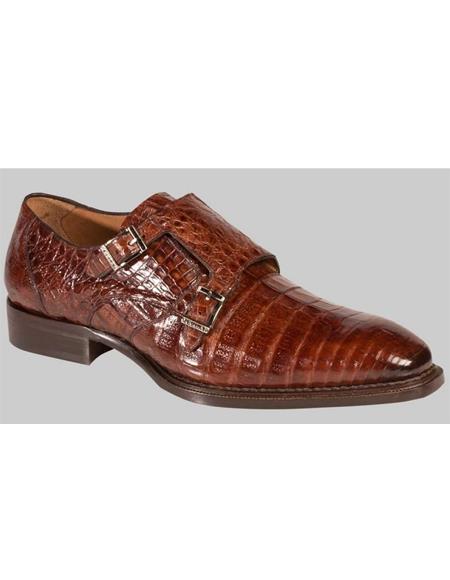 Mezlan Prague Sport Brown Crocodile Skin Modern Double Monk Strap Style Shoes