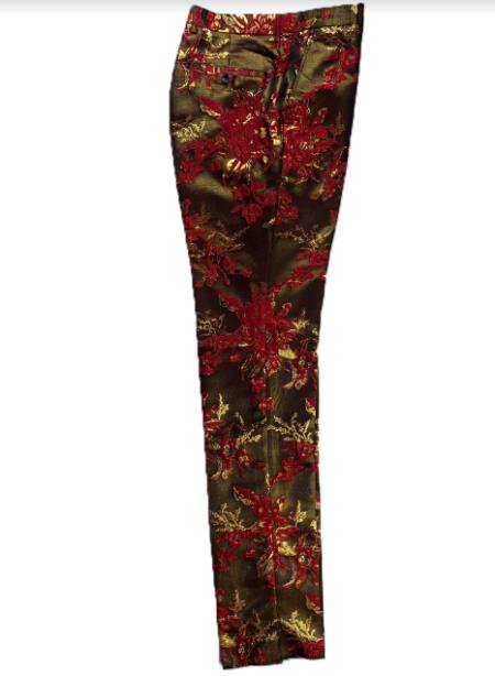 Red and Black Mix Color Dress Pants Mens Floral Dress Pants - Fashion Pants - Paisley Pants Red and Gold