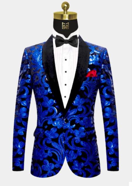 Men One Button Royal Blue and Black Velvet Tuxedo Jacket with Sequins