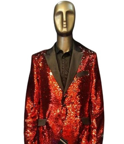 Mens Big and Tall Sequin Blazer - Shiny Fancy Sport Coat + Matching Bowtie + Red Tuxedo
