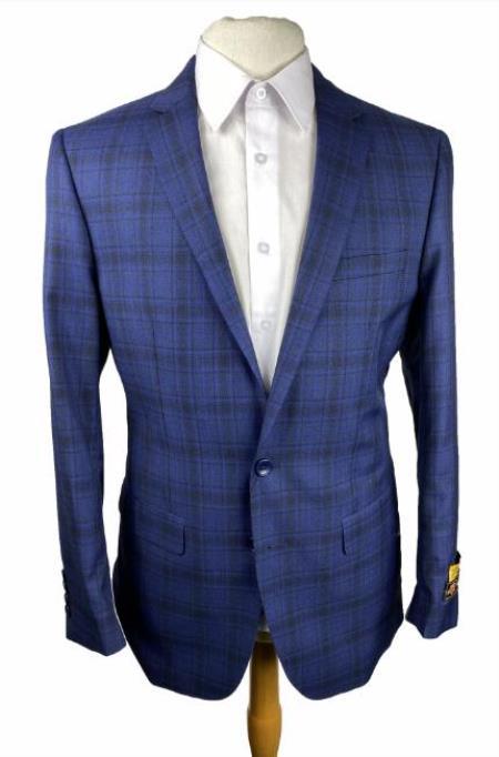 Mens Blue And Black Plaid Sport Coat