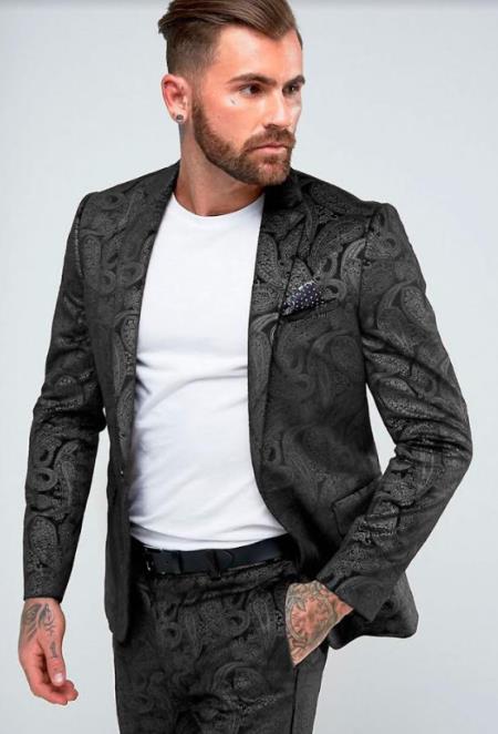 Paisley Suit - Floral Suit Wedding Prom Suit Black + Matching Bowtie