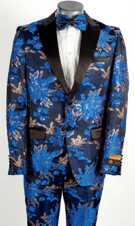 Mens Navy Blue ~ Gold 2 Button Foil Floral Paisley Prom and Wedding Tuxedo main image 1