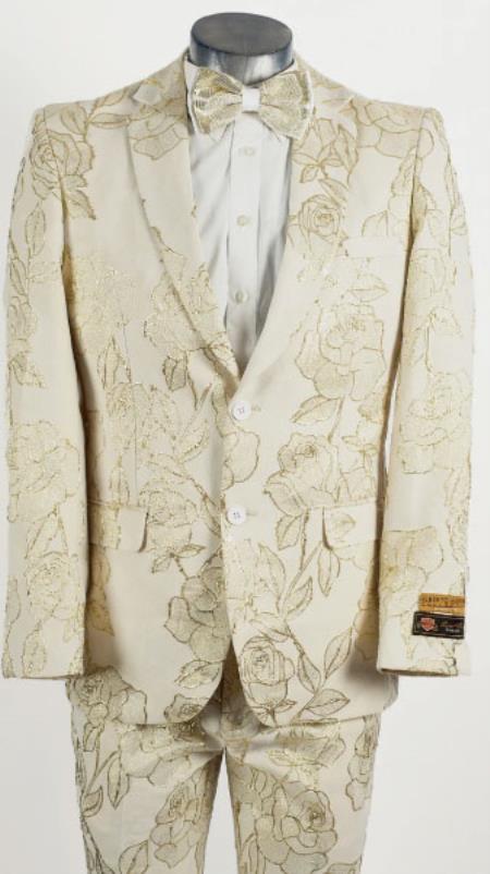 Mens Slim Fit Paisley Pattern Smoking Jacket and Wedding Tuxedo in Ivory Golden Rust main image 1