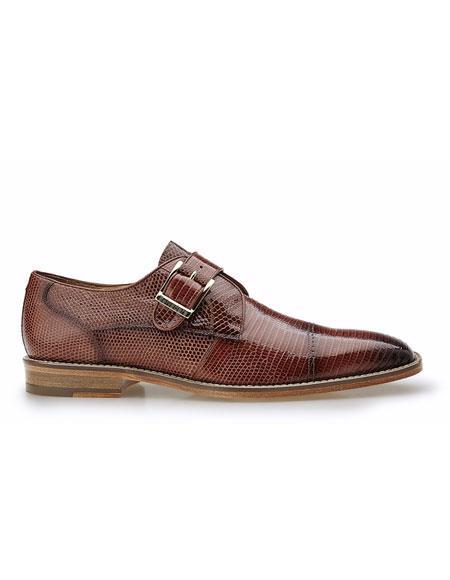 Mens Belvedere Lizard Monk Strap Cap Toe Shoe in Brown
