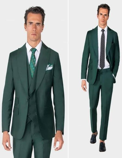 Mens One Button Peak Label Olive Green Suit