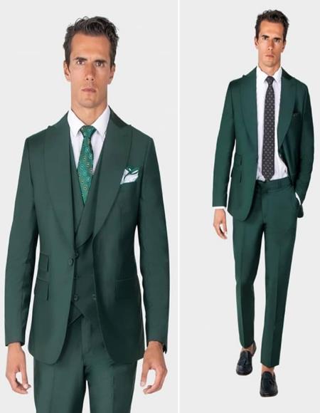 Mens One Button Peak Label Olive Green Suit