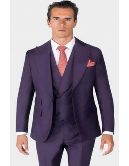 Mens One Button Single Breasted Peak Lapel Double Breasted Vest Ticket Pocket Suit Purple