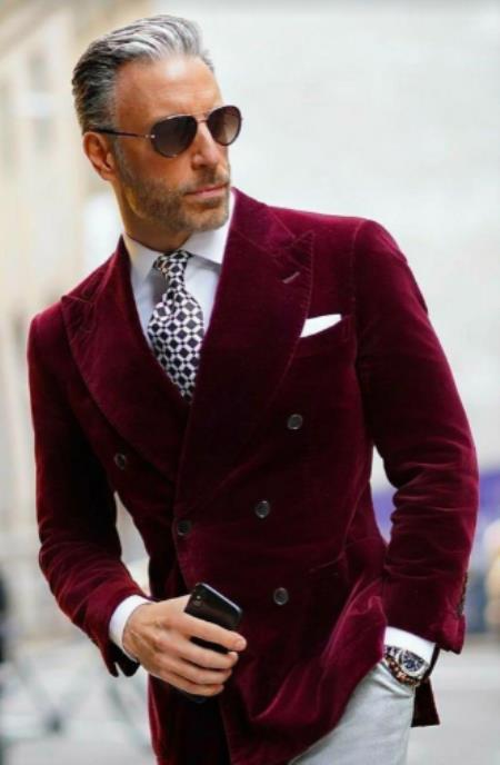 Mens Velvet Double Breasted Blazer - Slim Fitted