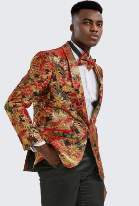 Mens Red and Gold Floral Tuxedo Jacket Slim Fit - Blazer