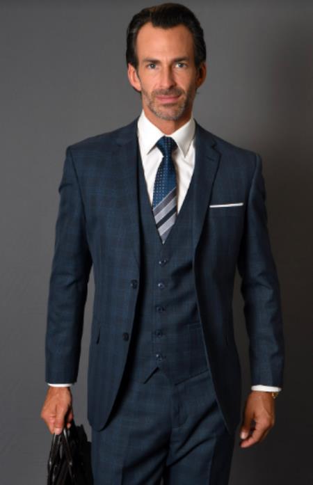 Plaid Suit - 3 Piece Vested Suits - 2 Buttons Windowpane Suit Charcoal Grey Window Pane