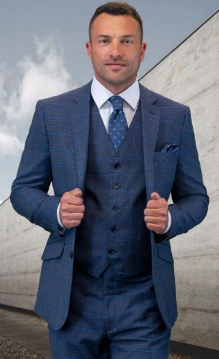 Plaid Suit - 3 Piece Vested Suits - 2 Buttons Windowpane Suit Taupe - Tan - Coffee main image 0