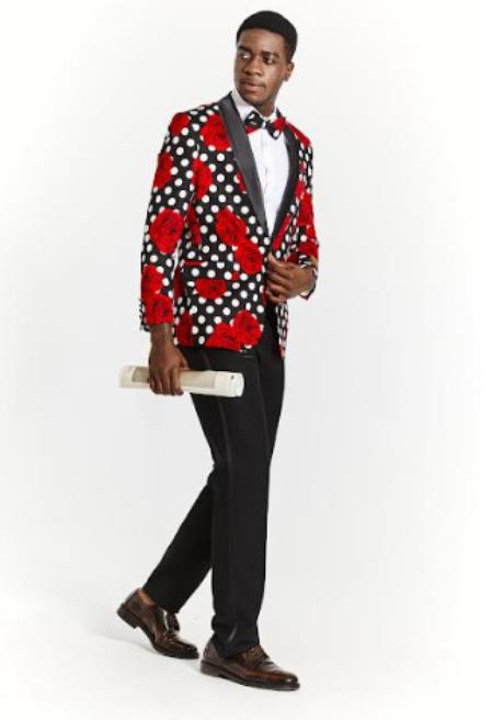 Mens Red Blazer - Paisley Sport Coat - Floral Flower Jacket With Matching Bow Tie