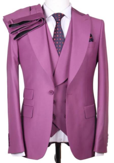 Mens Pink Suit - Magenta Color Big Lapel Vested Suit