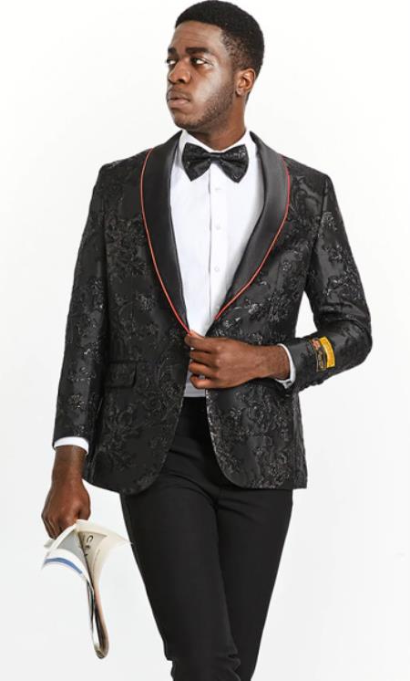 Mens One Button Black and Red Trim Tuxedo Blazer