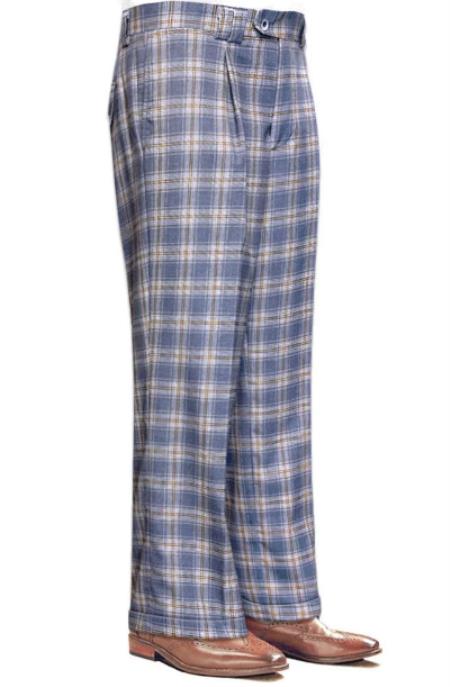 Mens Pant - Wide Leg Plaid Slacks - Grey Plaid