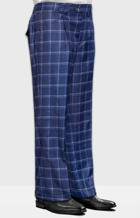Mens Pant - Wide Leg Plaid Slacks - Indigo