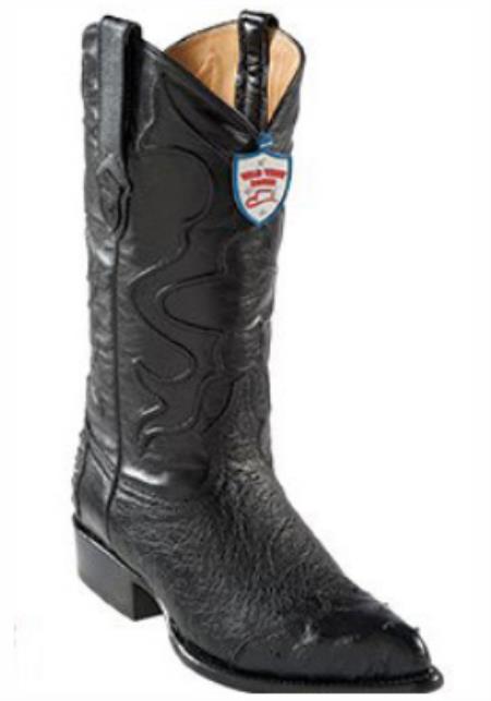 Botines Para Hombre Negro - Wild West Black J-Toe Smooth Ostrich Wing Tip Cowboy Boots - Botas De Avestruz