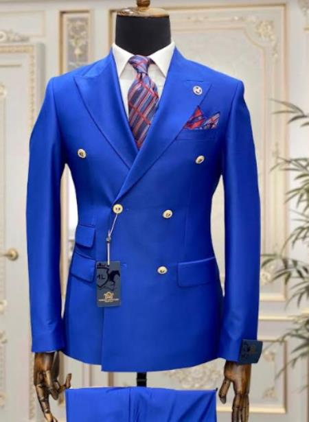 Mens Royal Blue Double Breasted Suit - 100% Suit