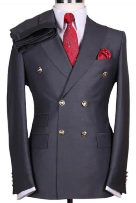 Charcoal Grey Double Breasted Suit - With Brass Buttons Flat Front Pants Slim Fit
