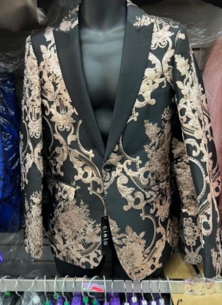 Mens Paisley Blazer - Rose Gold - Black and Gold Prom Tuxedo Dinner Jacket