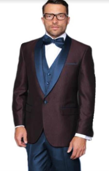 Burgundy and Navy Blue Lapel Tuxedo With Navy Blue Pants and Navy Vest Burgundy and Navy Blue / 38 Short Jacket+32 Waist Adjustable 28to34)(Height: