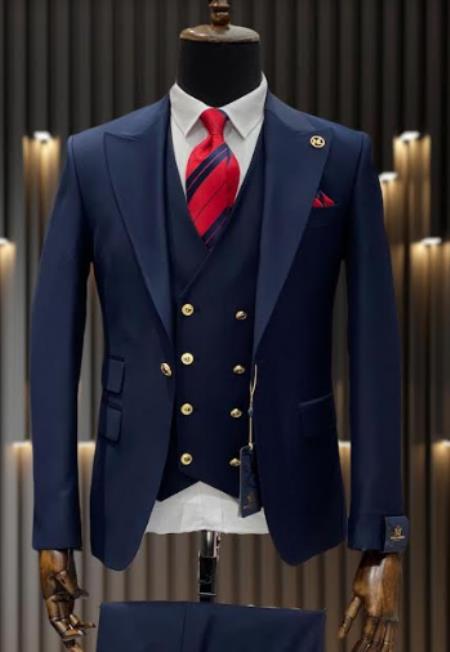 Rossiman Men’s Navy Blue Suit – Classic 1-Button Peak Lapel Jacket with Double-Breasted Vest