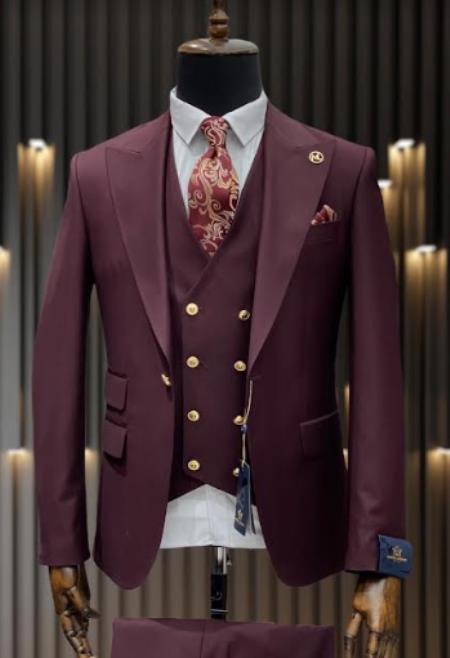 Rossiman Burgundy Suit 1-Button with Double Breasted Vest