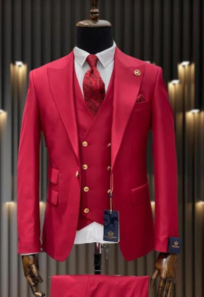Rossiman Men's Red Suit 1-Button Peak Lapel Jacket & Vest