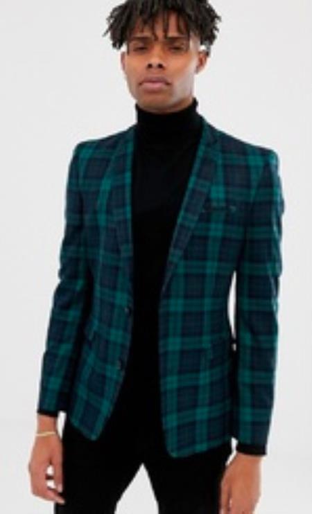 Tartan Christmas New Year Holiday Mens Plaid Blazer - Windowpane Blazer - Textured Pattern Green