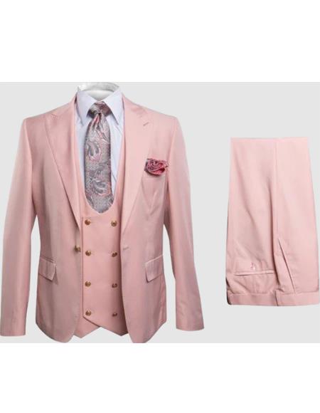Rossiman Men’s Slim Fit Pink Suit | Elegant Double-Breasted Vest & Tailored Flat Front Pants – Italian 3-Piece Luxury Suit