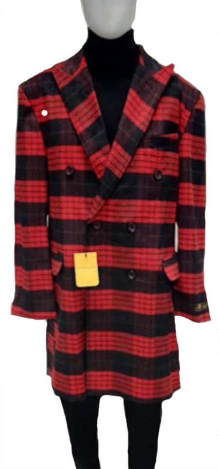 Mens Plaid Peacoat - Plaid Pattern Red ~ Black Coat main image 1