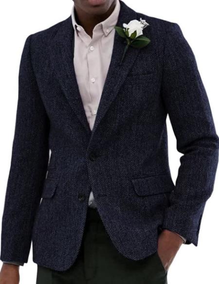 Mens Blazer Tweed Blazer Herringbone Blazer - Z-Navy