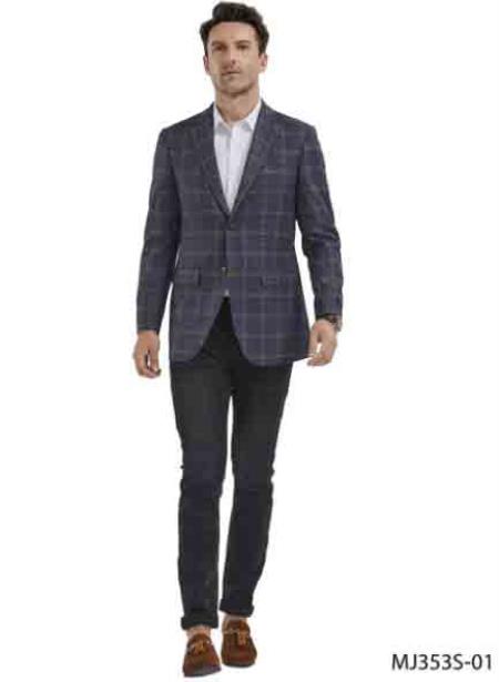 Mens Plaid Indigo Blazer - Window Pane Sport Coat