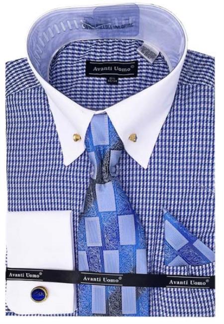 Blue Houndstooth Dress Shirt Set with Cuff