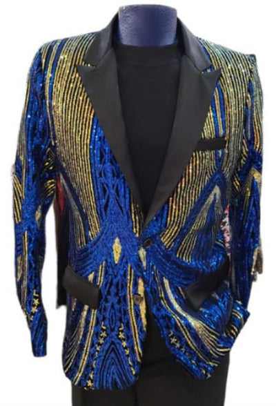 Mens Two Toned Sequin Blazer - Royal Blue Prom Shiny Tuxedo Slim Fit