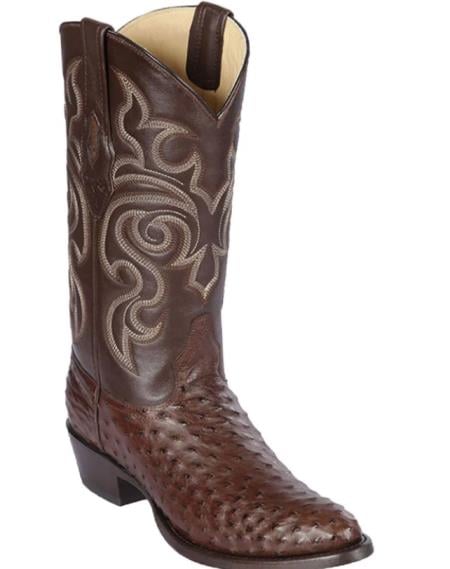 Mens Los Altos Original Full Quill Ostrich Boots Round Toe Brown
