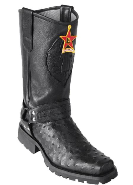 Mens Los Altos Full Quill Ostrich Biker Style Boot Black