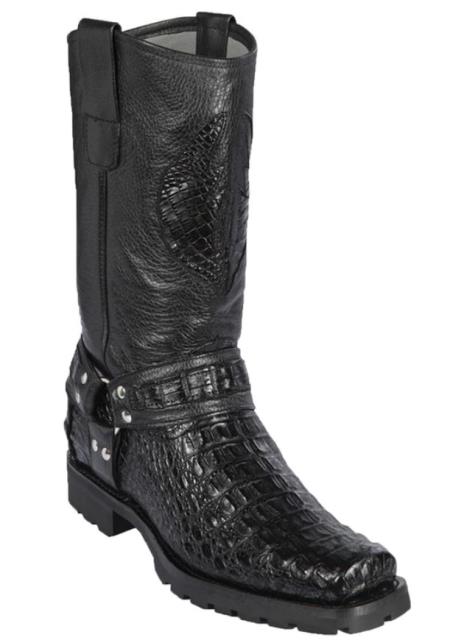 Mens Los Altos Smooth Caiman Skin Biker Boot Black