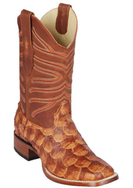 Mens Los Altos Monster Fish Skin Wide Square Toe Boot Cognac Matte
