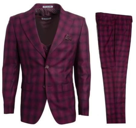 Stacy Adams Suit Mens Plaid Suit Burgundy 3 Piece Suit