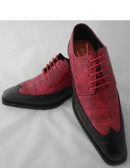 Mens Alligator Print - Crocodile Skin Wingtip Dress Shoes Red and Black