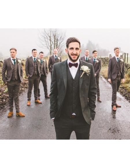 SKU#JA60726 Groomsmen Tweed Suit - Green Herringbone Western Suit