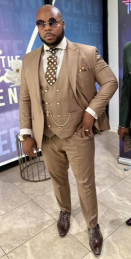 Rossiman Tan Suit Gold Buttons Peak Lapel Vest