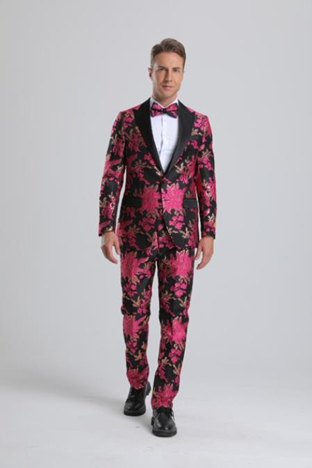 Groom Pink Paisley Wedding Tuxedo with Bowtie