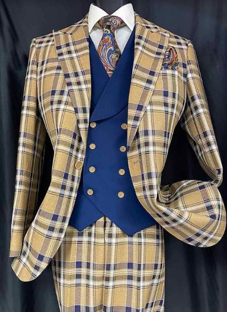 Men’s Two-Button Peak Lapel Suit in Brown & Blue – Modern Slim Fit